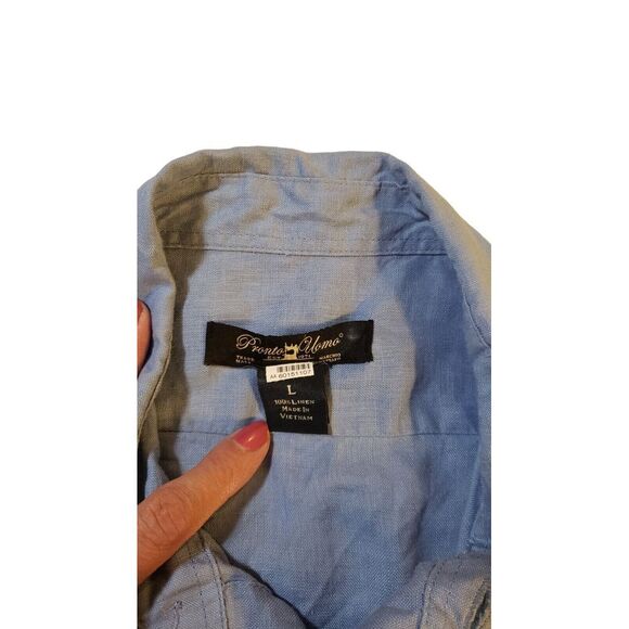 Pronto Uomo 100% Linen Short Sleeve  Button Down Shirt Blue Size L Designer - Picture 13 of 15